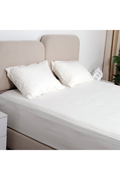 Bed N Home SA Satin fitted bed sheet set, striped, 1 cm, off-white, 100% Egyptian cotton, 350 thread count, 2 pillowcases, 200*200 cm