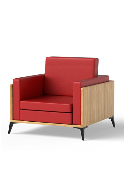 Mahmayi KD 3326 أريكة كوكو بولو الخشبية ذات المقعد الواحد مع وسادة من البولي يوريثين للمكاتب العصرية والمنزل - أحمر