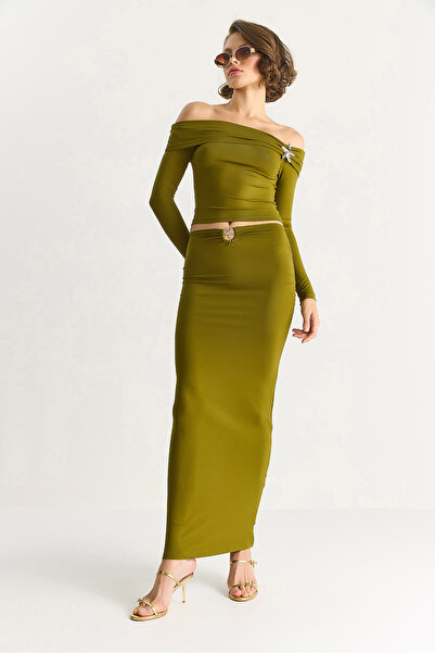 Bianco Lucci Women's Accessory Detailed Degaje Collar Blouse Long Skirt Lycra Wrap Set 10873 60283552