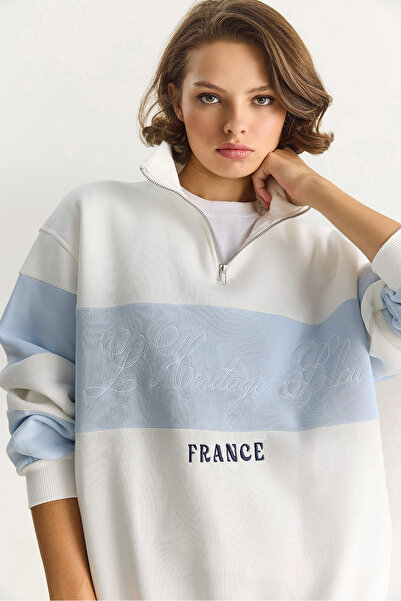 Bianco Lucci Hanorac oversize pentru femei, cu jumătate de fermoar, cu detalii de broderie, bloc de culoare 10001 60283561