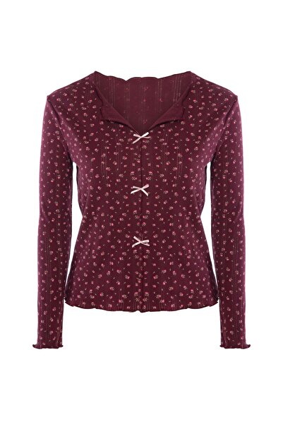 koza iç giyim Kadın Pamuklu Çıtır Çiçek Desenli Baby Overloklu Fiyonk Detaylı Uzun Kollu Pijama Takımı