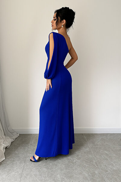 Deafox Saks Blue Women's One Shoulder Long Sleeve Slit Detail Crepe Fabric Long Dress