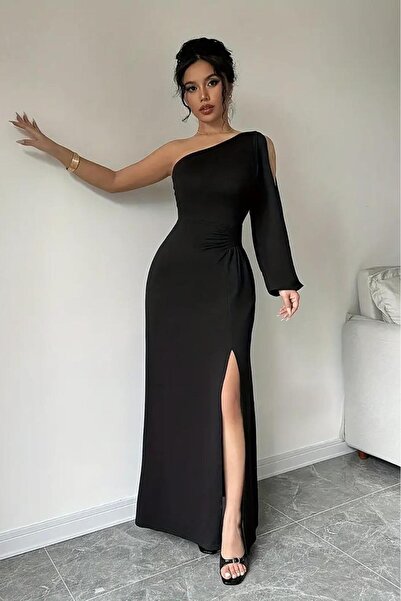 Deafox Black Women's One Shoulder Long Sleeve Slit Detail Crepe Fabric Long Dress