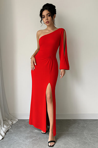 Deafox Red Women's One Shoulder Long Sleeve Slit Detail Crepe Fabric Long Dress