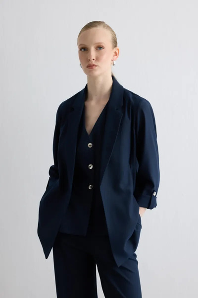 Gusto Relaxed Fit Glitter Striped Jacket - Navy Blue