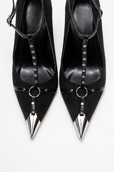 LuviShoes JULIANA Чорні замшеві туфлі на підборах з металевим носком і ремінцем на талії