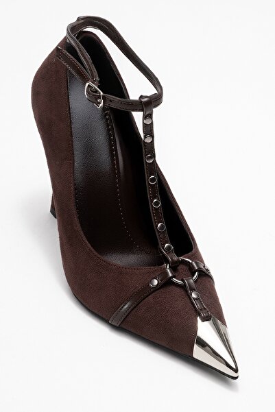 LuviShoes Juliana Brown Suede Trok Belted Women's Metallic Toe Heeled Shoes