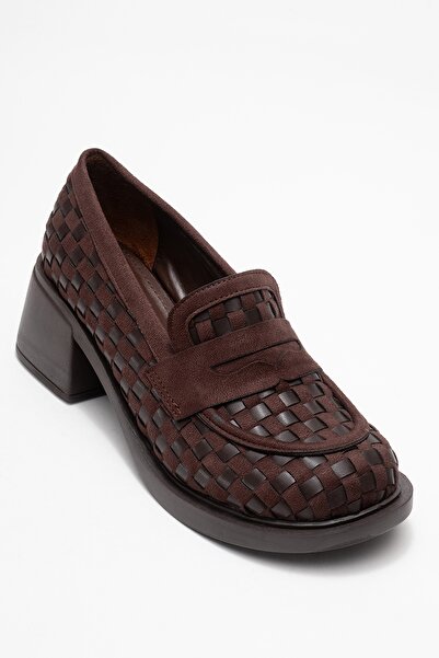 LuviShoes MARLON Kahverengi Örgülü Kadın Kalın Topuklu Loafer Ayakkabı