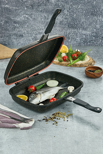 PoloChef مقلاة شواء من الحديد والجرانيت للحوم والدجاج والأسماك مقاس 36 سم باللون الأسود