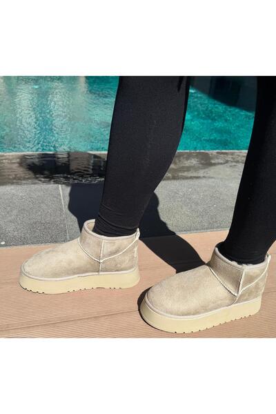 Saltopik Μίνι μπότες με χοντρή σόλα με επένδυση από γούνα σε μπεζ σουέντ