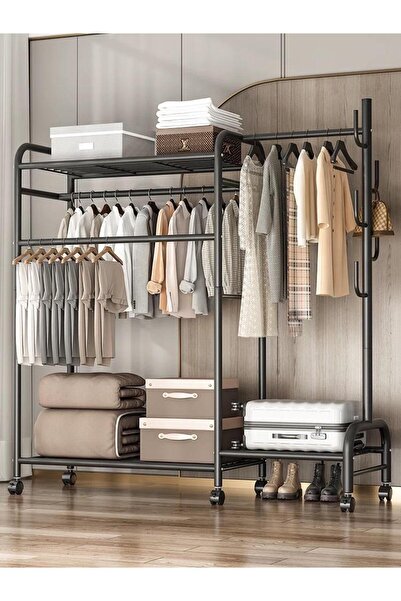 Un علاقة ملابس رائع من المعدن شديد التحمل لتعليق المعاطف على عجلات للمنزل والسكن والفندق/ اسود/ 110 سم