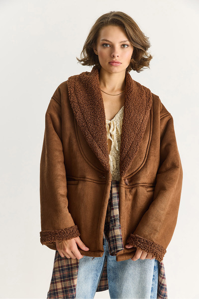 Bianco Lucci Kadın İçi Kürklü Cep Detaylı Şal Yaka Süet Kaban 2656 60283560