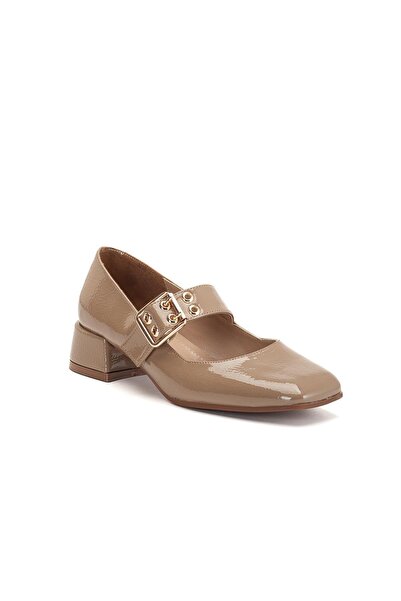 Dilimler Ayakkabı Women's Short Heeled Shoes Mink Patent Leather with Hard Toe Blunt Toe