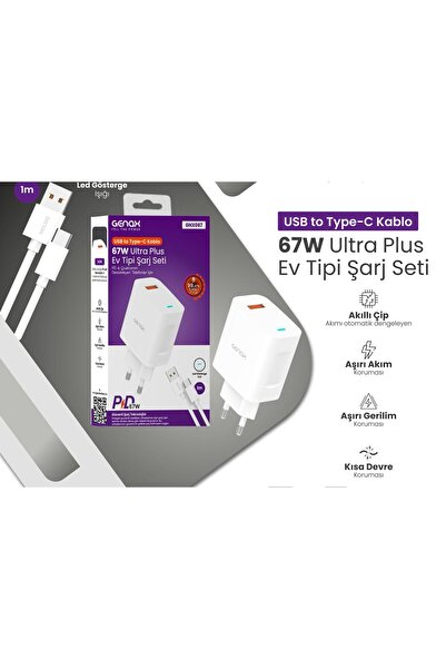 GENAX Xiaomi Redmi Note 13 / 13 5G / 13 Pro / 13 Pro Plus uyumlu 67W USB Type-C Hızlı Şarj Aleti