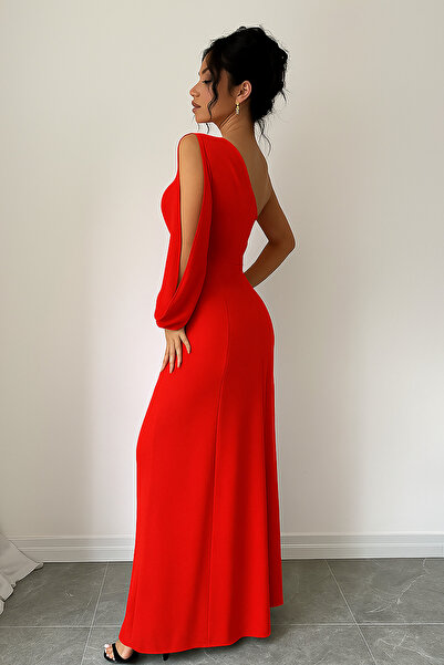 Deafox Red Women's One Shoulder Long Sleeve Slit Detail Crepe Fabric Long Dress