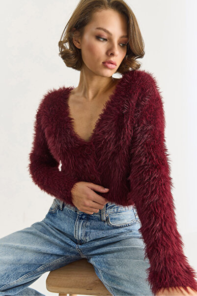 Bianco Lucci Women's V-Neck Buttoned Soft Bearded Knitwear Cardigan 9034 60283565