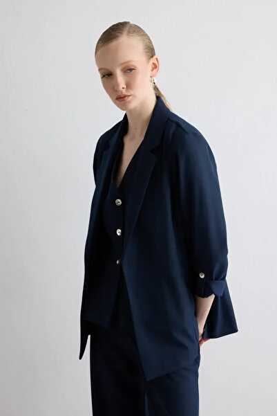 Gusto Relaxed Fit Glitter Striped Jacket - Navy Blue