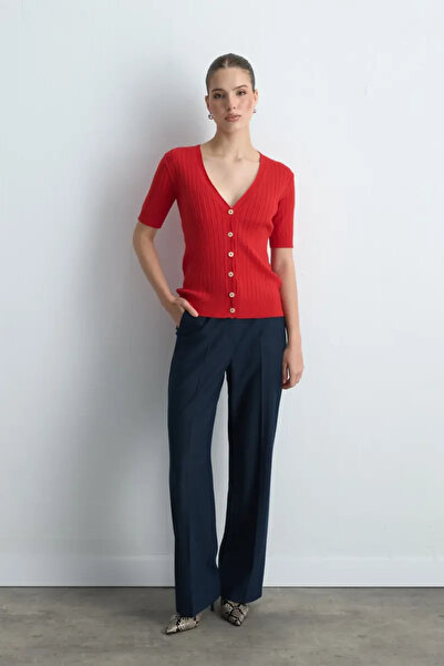 Gusto Short Sleeve Ribbed Knit Cardigan - Red
