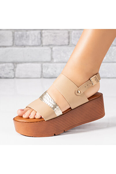 Modlet.ro Γυναικεία μπεζ και χρυσά σανδάλια με χοντρό πάτο MOD09385