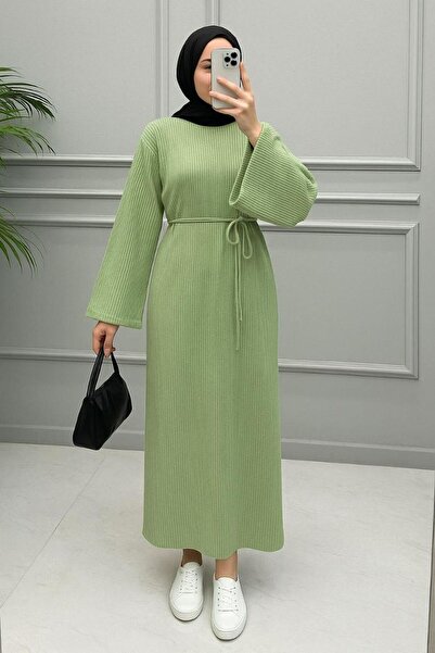 AXXAN فستان تريكو بياقة عالية وأكمام واسعة، مقاس قياسي، فستان محتشم بطول 138 سم