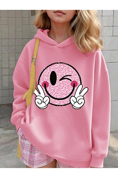 Afri Lány rózsaszín kapucnis pulóver – Emoji mintával, kényelmes, túlméretezett