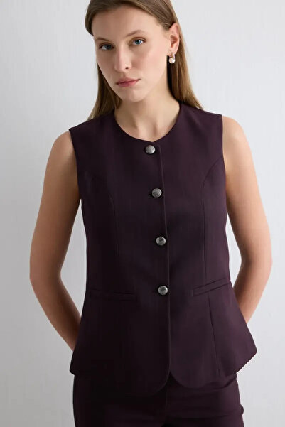 Gusto Yuvarlak Yaka Çizgili Yelek - Mürdüm