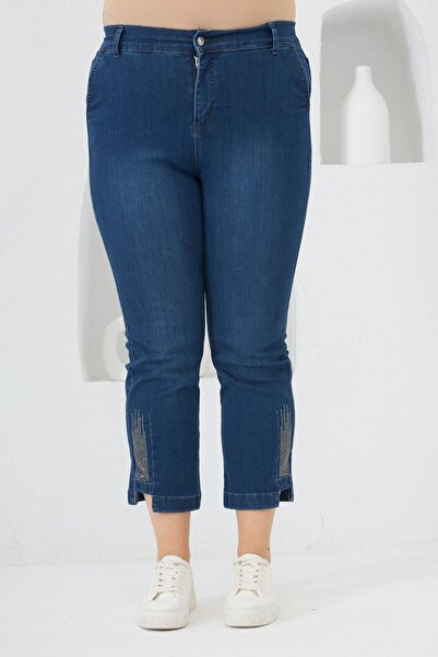 RMG Plus Size Stone Detail Denim Capri Navy Blue