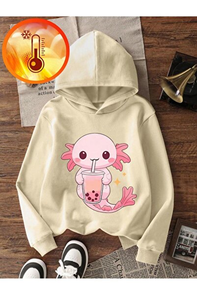 Afri Ecru Cute Axolotl și Bubble Tea cu imprimeu Swea pentru fete tricou Confortabil