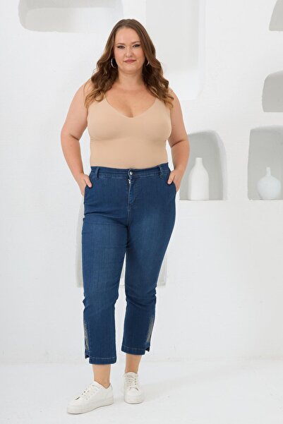 RMG Plus Size Stone Detail Denim Capri Navy Blue