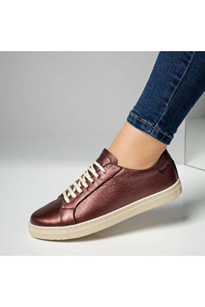 Modlet.ro Women's burgundy pearlescent lace-up sneakers made of leather MOD06413