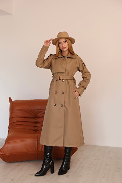 QUBERZ Kadın Uzun Kemerli Trençkot - Bej & Siyah Renk Seçenekli Şık Dış GiyiM 1011