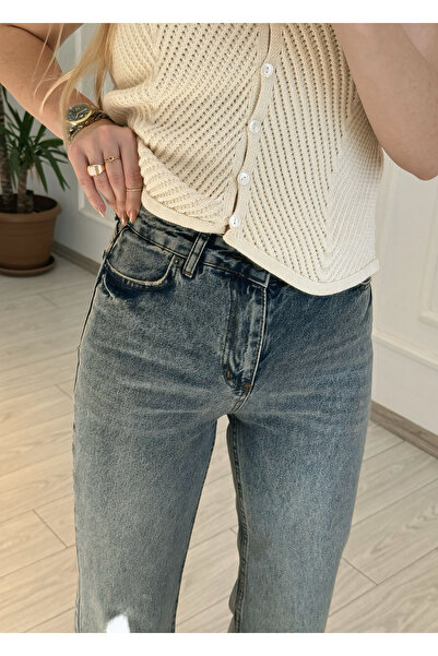 Store Yüksek Bel Koyu Mavi Yıkamalı Straight Jean
