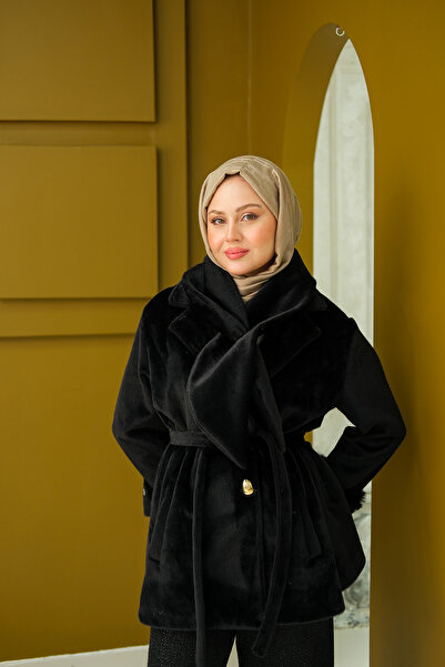 LOCCO Women's Collar Bowknot Fur Cashmere Black