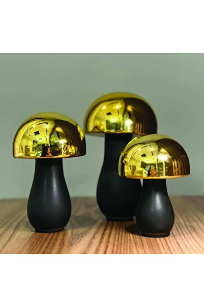 Meralles 3’lü Mantar Dekoratif Obje Seti - Altın Başlık, Siyah Gövde - Modern...