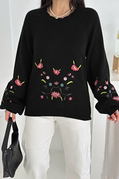 FEMELLE Pulover de tricotat cu broderie florală neagră pentru femei, mărime standard, mâneci balon