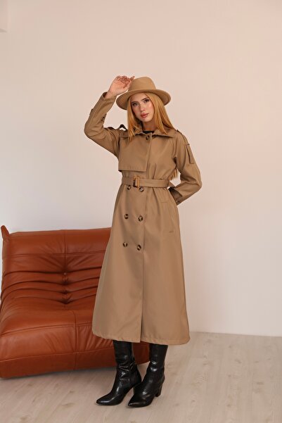 QUBERZ Kadın Uzun Kemerli Trençkot - Bej & Siyah Renk Seçenekli Şık Dış GiyiM 1011