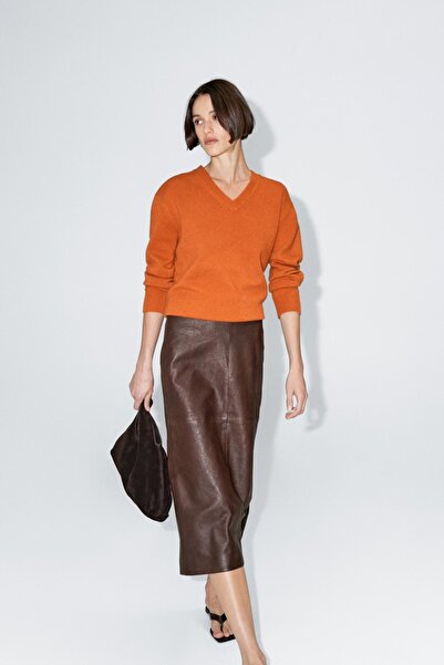 Massimo Dutti Düz napa deri midi etek