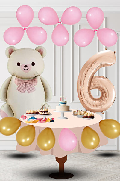 tedaks 6 Year Old Retro Foil Cream Teddy Bear Pink Gold Balloon Rose Gold Num...