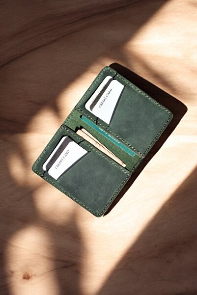 MAT Deri Vertical Card Holder Genuine Leather Slim Card Holder Men's Wallet Green