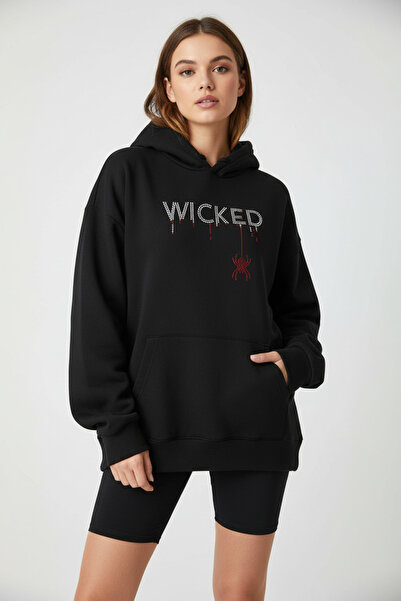 BRF Collection Women's Oversized Stone Embroidered'Wicked' Hoodie - Black
