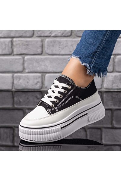 Modlet.ro Pantofi de damă din pânză cu talpă groasă, alb-negru, MOD09706