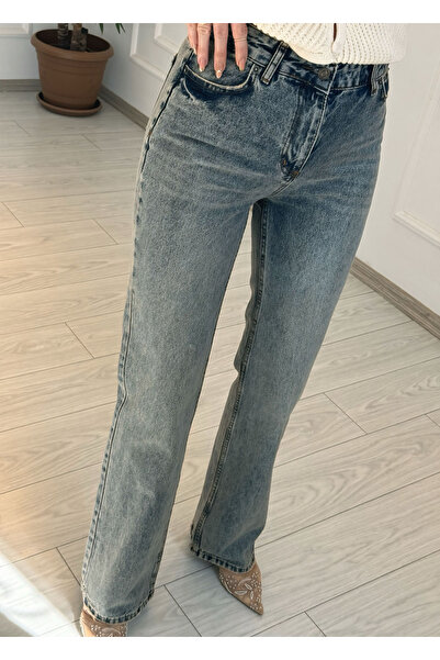 Store Yüksek Bel Koyu Mavi Yıkamalı Straight Jean