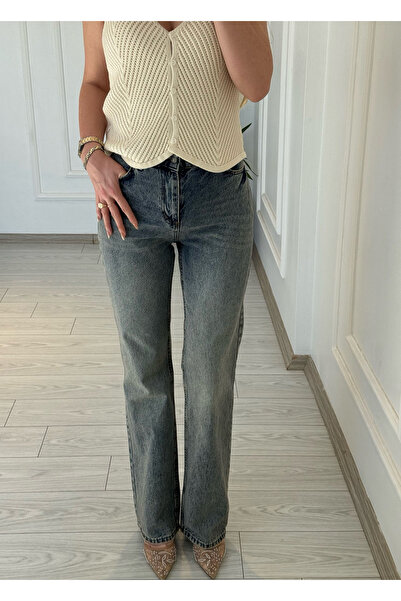 Store Yüksek Bel Koyu Mavi Yıkamalı Straight Jean