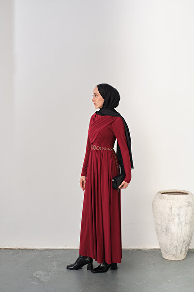 LOCCO Women's Gold Belted Pleated Detail Dress Burgundy