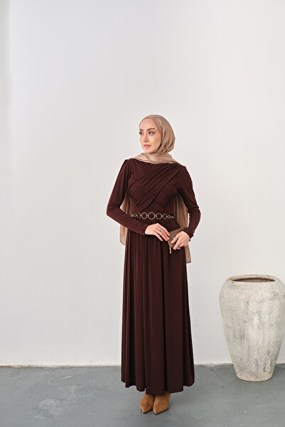 LOCCO Women's Gold Belted Pleated Detail Dress Brown