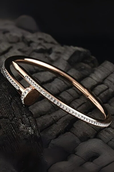 OSMANLI GÜMÜŞ Women's Steel Bracelet - Spiral Model Steel Bracelet with Rose Zircon Stone Embroidery