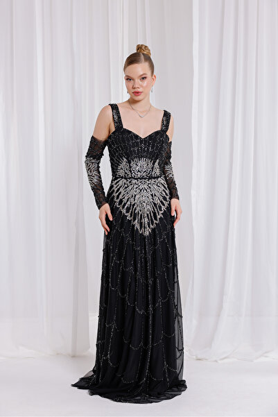 BDM Exclusive Kadın Şifon Yapıştırma Taş Detaylı Abiye Elbise – Uzun, Askılı, Gösterişli Davet ve Ge