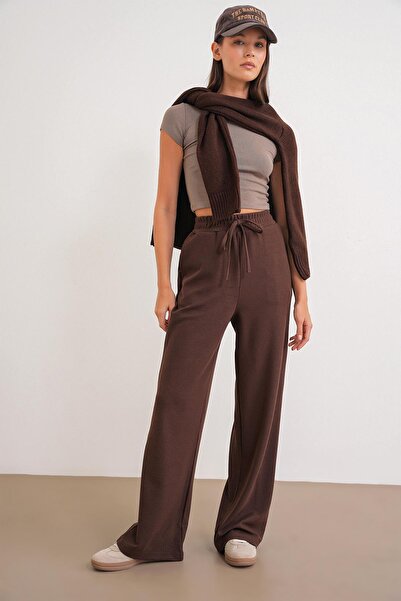 Mixray 4757 Women's Elastic Wide Leg Knitted Flowy Thessaloniki Pants Brown