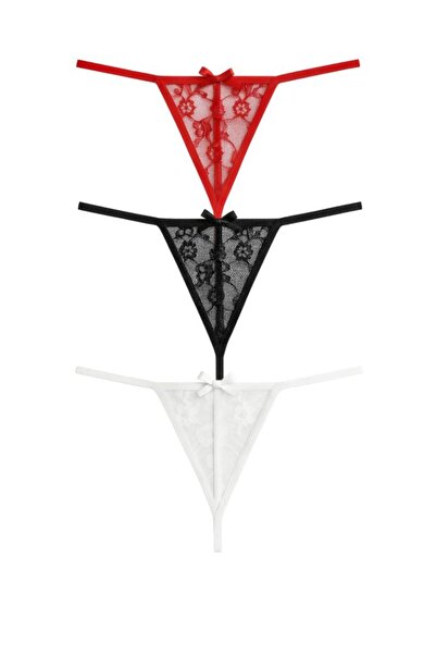 Maly Love Kadın 3’lü Dantel String Tanga Seti Kırmızı Siyah Beyaz İç Çamaşır