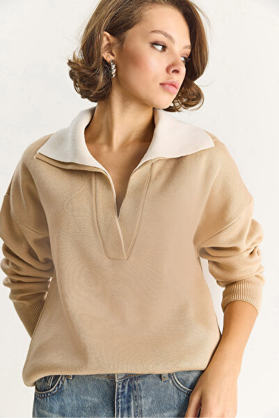 Bianco Lucci Women's Deep V-Neck Color Block Oversize Knitwear Sweater Tk241267 60284093